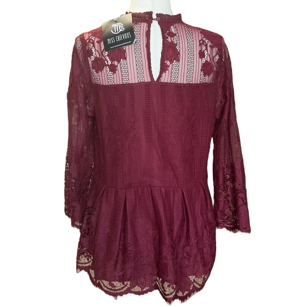 NWT Miss Cheivous Burgundy Boho Lace Layered 3/4 Sleeve Blouse, Women’s L - Picture 5 of 9